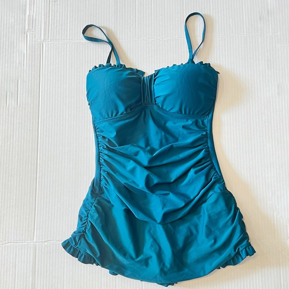 New Shore Shapes one piece Swim dress skirted bathing swim suit Teal Sz 10